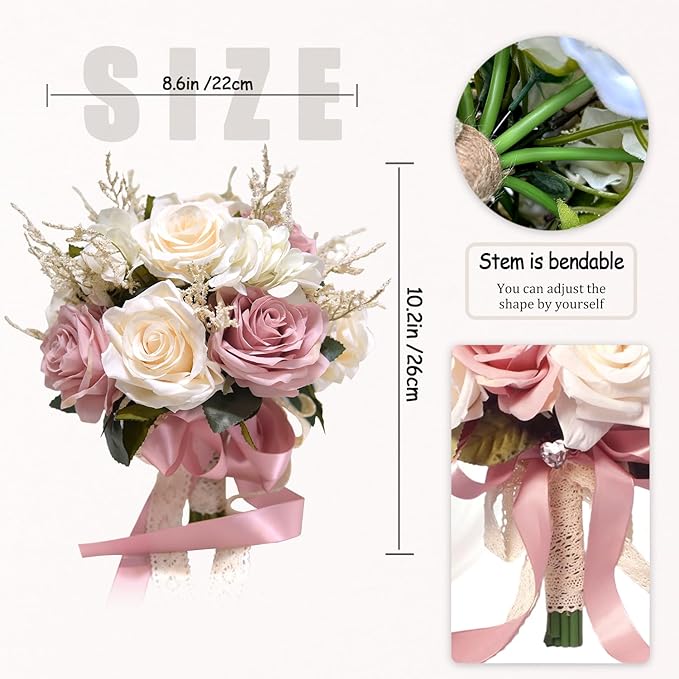 Dusty Pink Wedding Bouquets for Bride Bridesmaid,White Blush Pink Artificial Fake Silk Roses Flowers Bridal Bouquet for Wedding French Vintage Boho Rustic Church Decoration Toss Bouquet (8.6in(M))