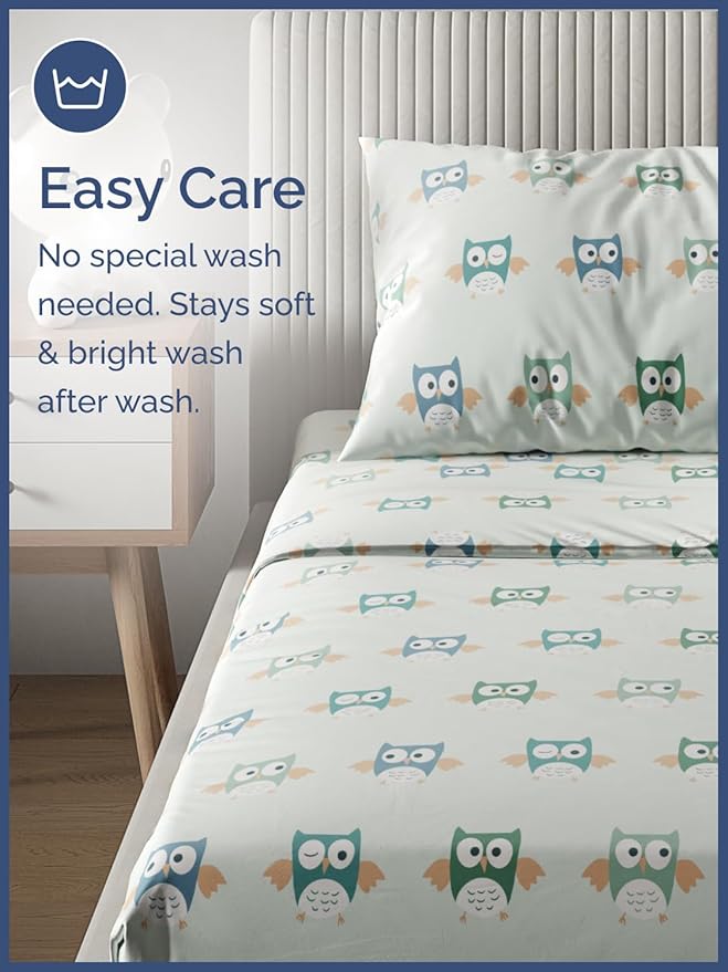 Kids Owls Queen 4 Piece Sheet Set - Boys, Girls, Teens, Toddler - Easy Fit, Deep Pockets - Breathable, Hotel Quality Bedding Sheets - Machine Washable - Wrinkle Free - Cute, Cozy & Soft - CGK Linens