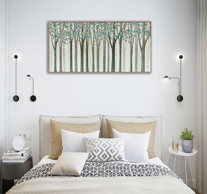 VEAEE Framed Birch Tree Wall Art - Living Room Wall Decor, Abstract Nature Forest Landscape Canvas Pictures, Teal Trees Paintings - Scenic Picture and Modern Home Decor for Bedroom Office 20" x 40"