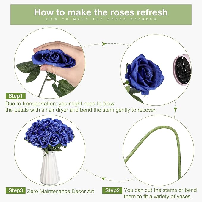 30 Pcs Rose Artificial Flowers in Bulk Real Touch Long Stem Silk Roses Bouquets Realistic Faux Flowers for Wedding Bridal Shower Home Decor Floral Arrangements Table Centerpiece(Royal Blue)