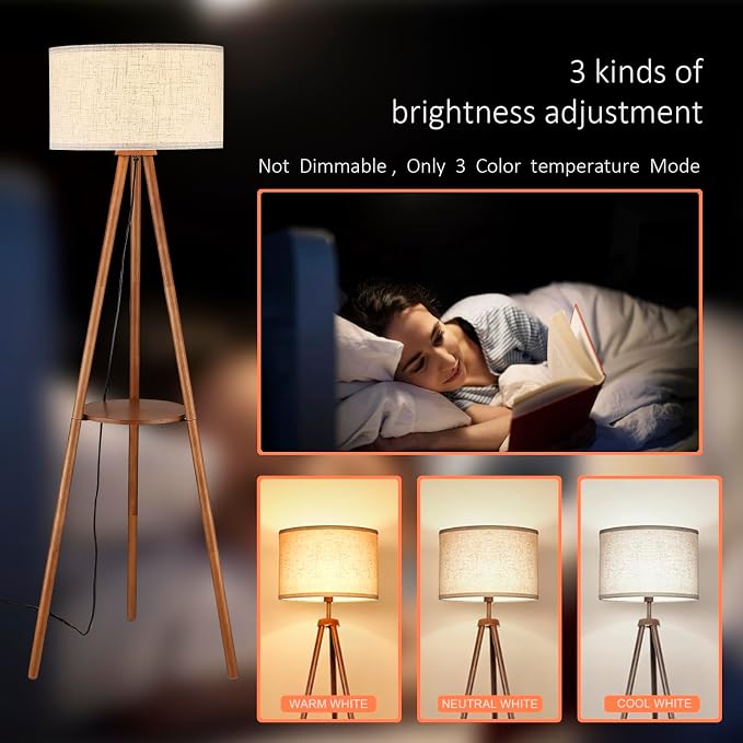 BTP Wood Tripod Floor Lamp, Farmhouse Shelf Wooden Standing light Drum Shade for Living Room, Bedroom, Office, Footswitch,ETL Listed/Brown Wood Color, 3 Color Temparature LED Bulb Include