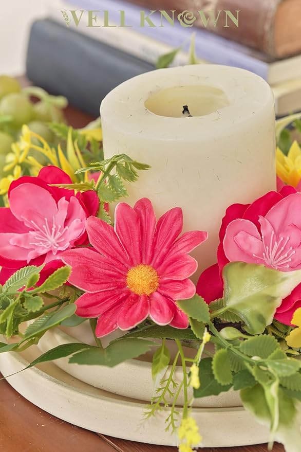 WELL KNOWN 2 Pcs Mini Spring Floral Candle Rings Wreaths for Pillars Home Table Window Decor, 9 Inches Artificial Flower Cabinet Wreath for Kitchen Farmhouse Wedding Party (Fuchsia Pink & Yellow)