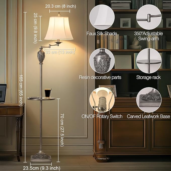 Traditional LED Floor Lamp with 350° Adjustable Swing Arm Lamp – Vintage Standing Pole lamp for Living Room, Bedroom and Office – Rustic Upright Floor Light for Home Décor with Silk Fabric Shade