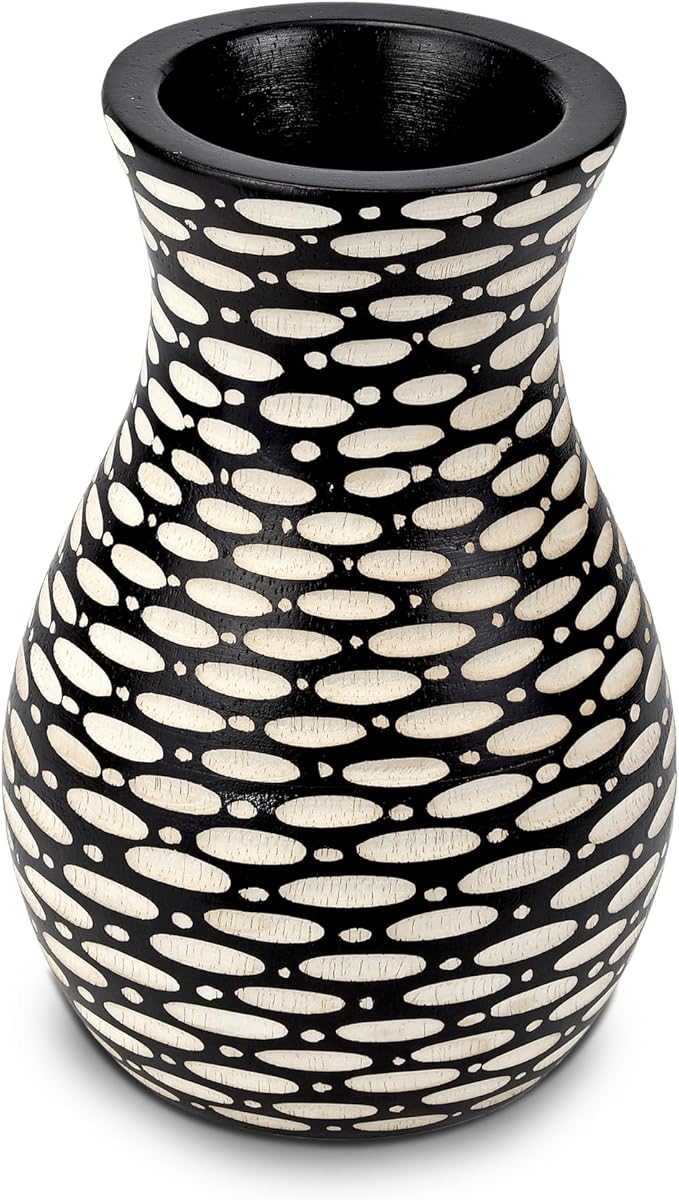 AeraVida Intricate Etched Ovals Mango Wood Vase Dark Brown 6-Inch Handmade Tabletop Flower Holder for Dried or Silk Flowers Rustic Modern Decor Accent for Living Room or Office