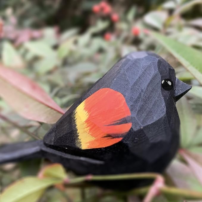 Bird Figurines Hand Carved Painted Wooden Statues for Home Decor, Gift for Bird Lovers,Housewarming, Birthday, Christmas, Anniversaries (NO.21-Red-Winged Blackbird)