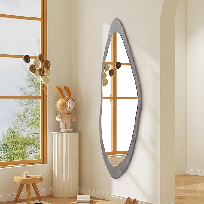 AAZZKANG Wood Mirror Full Length Irregular Large 47"x16" Asymmetrical Full Body Mirrors for Bedroom Living Room Entryway Dressing Room Gray