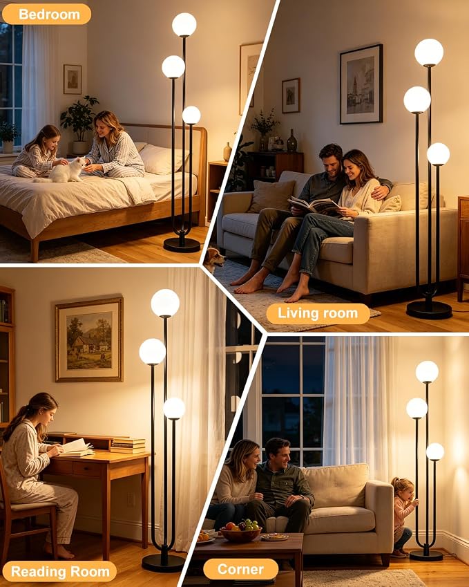 63IN 3-Light Dimmable Floor Lamp, Unique Black Tall Standing Lamps with 3000K Bulbs for Reading, Mid Century Modern Floor Lamp with 5Lbs Heavy Base for Living Room Bedroom Office