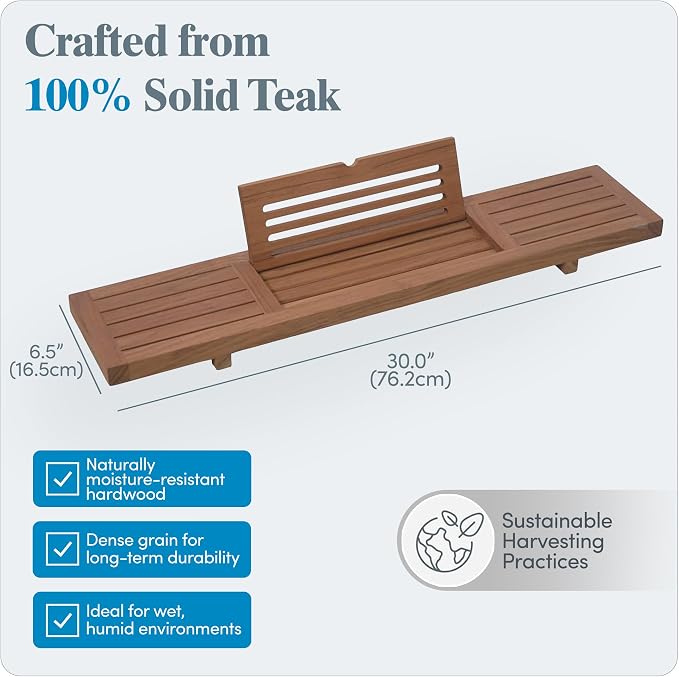 AquaTeak 30" Manada Teak Bathtub Tray Caddy - Durable, Water-Resistant Bath Tray for Tub with Foldable Book & Tablet Stand - Fits Standard Soaking Bathtubs - Bathroom Accessories for Spa