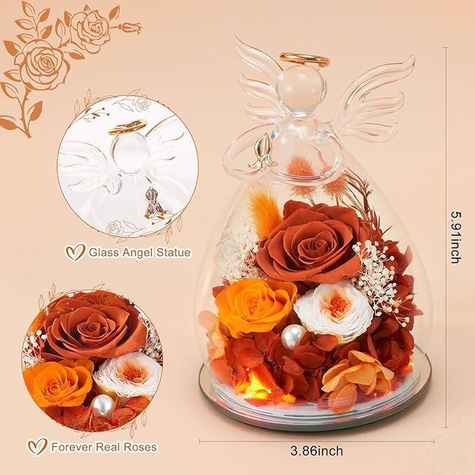 Gifts for Women Birthday Preserved Rose Forever Flower in Glass Angel Figurines Fresh Flowers for Delivery Prime for Mom Real Orange Roses for Grandma Sister Wife Her from Daughter