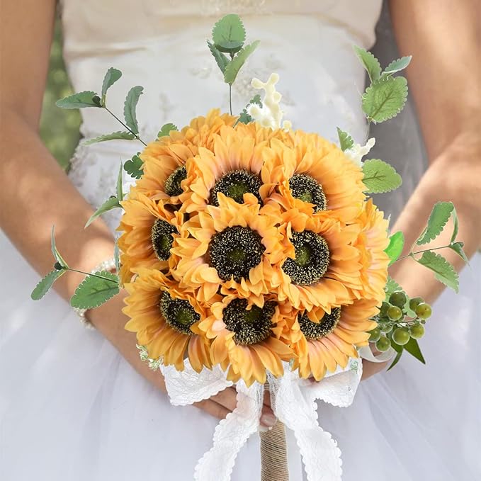 Vintage Artificial Sunflower Flowers 8 Pcs Single Long Stem Silk Fake Fall Sunflowers Bridal Wedding Bouquet Fake Yellow Flower Arrangements for Outdoor