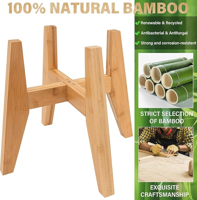 LEIMO KPARTS Adjustable Bamboo Plant Stand (8-12 inches), Mid Century Modern Indoor Plant Holder