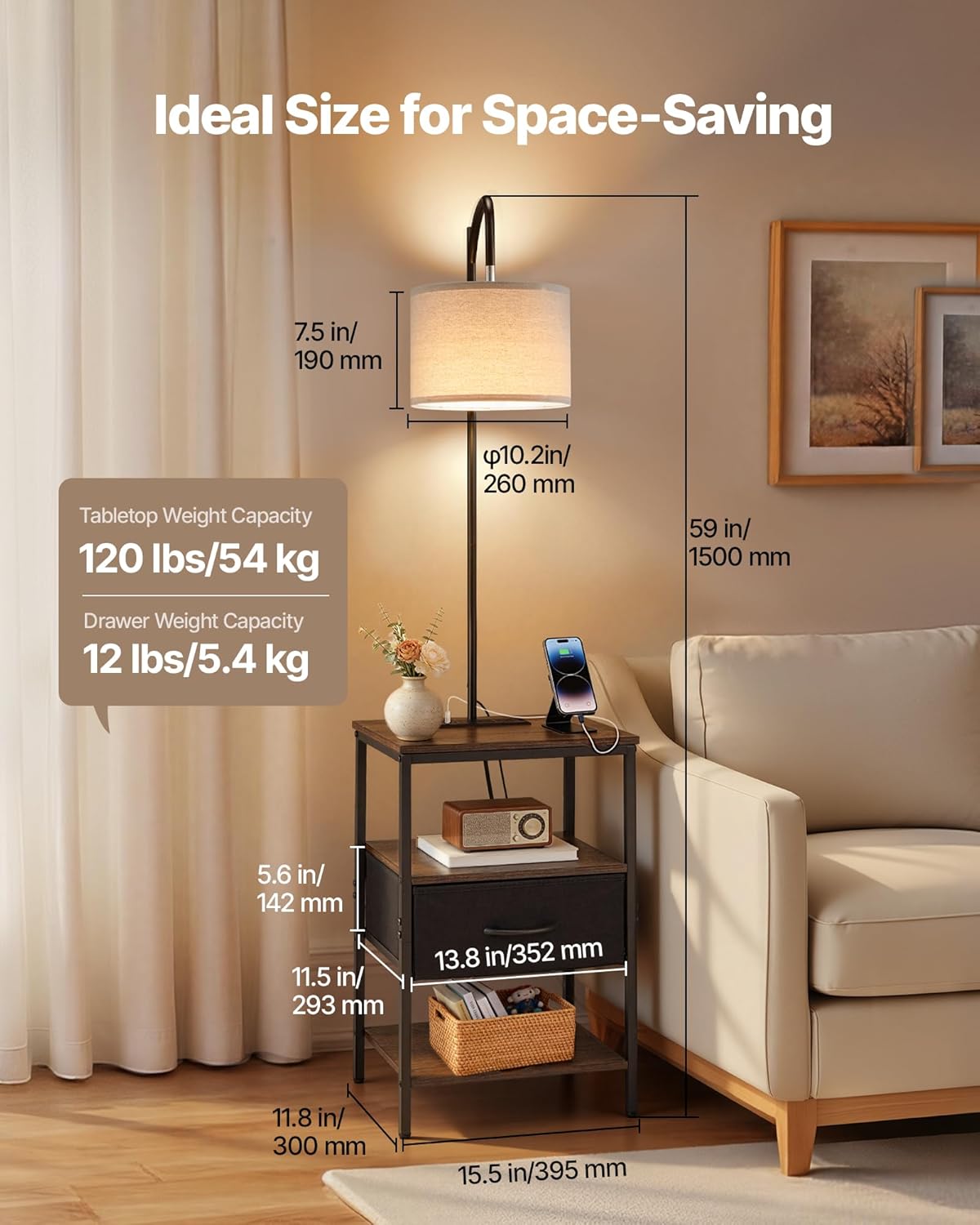 VEVOR Floor Lamp with Table - 3-Tier End Table & 3 Color Temperature Lighting | Modern Bedside Desk with USB & AC Charging Ports
