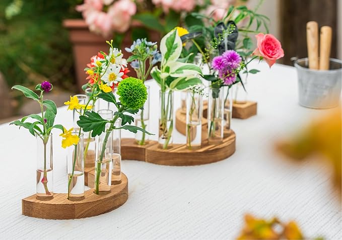 Melphoe Glass Bud Vases Small Flower Vase for Centerpieces Wedding Table Decorations, Home Decor, Propagation Station Plant Terrarium with Wooden Stand, Unique Plant Lover Gifts for Women (Brown)