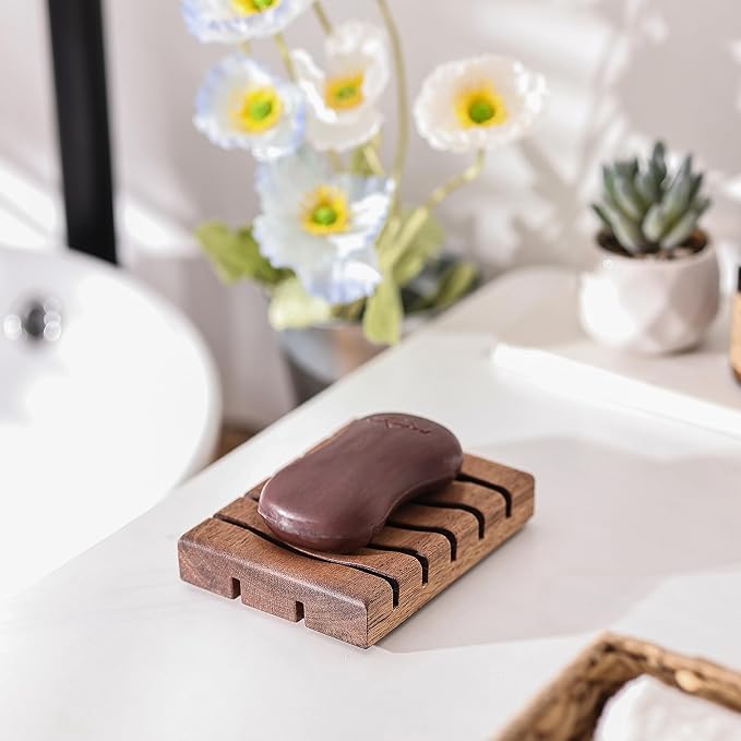 Acacia Wooden Soap Dish with Self Draining, Funny and Modern Multi Shape Design, Soap Holder for Sink Countertop, Shower & Bathroom Soap Tray。 (Slat-4.72"x3.47"x0.86")