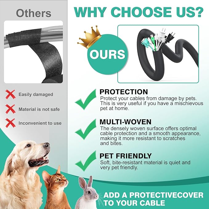 UOMTFAI Dog and Cat Cord Protector 10ft - 1inch, Flexible Cable Sleeve for Easy Cord Management, Protects Cables from Pets Chewing, Ideal for USB, Power, Audio and Video Cords - Black