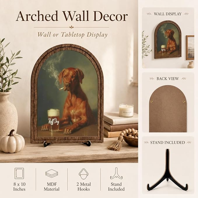 Farmhouse Wood Decor, Funny Dog Tabletop Decor Sign, Arched Wooden Frame with Stand, Vintage Animal Portrait Decoration, Rustic Home Bar Desk Art, Gift for Dog Lovers and Friends