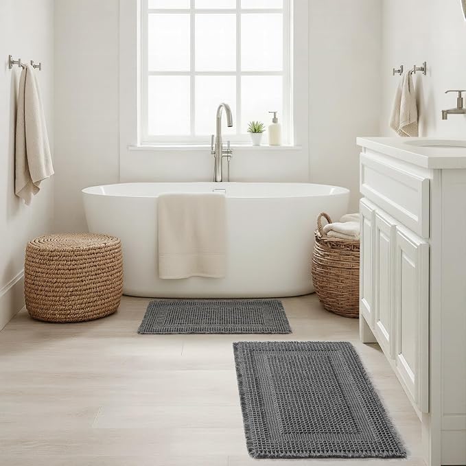 MIULEE Set of 2 Waffle Bathroom Rugs, Boho Bath Rug Super Absorbent, Non Slip Washable Ultra Soft Rubber Backed Shower Bath Mats for Floor, Tub, Shower, Looped Design, Dark Grey, 17x24 Inch