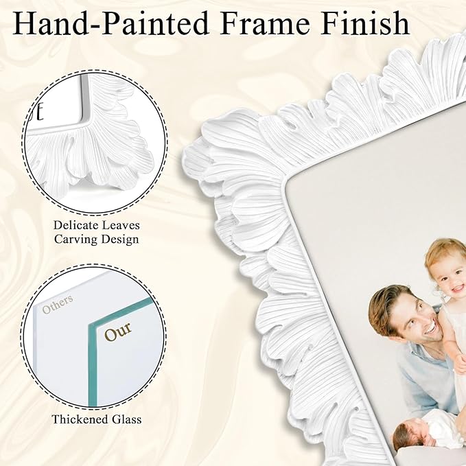 5x7 Vintage Picture Frame White, Ornate Leaves Photo Frame with Glass Front, Elegant Picture Frame for Wall or Tabletop Display, Gift ldeas for Home Decor
