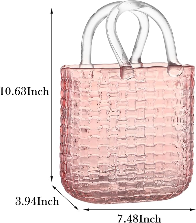 Glass Purse Vase for Flowers, Pink Purse Flower Vase, Large Glass Bag Vases, 10 Inch Handbag Shaped Vases for Home, Living Room, Bedroom, Table, Office Decor