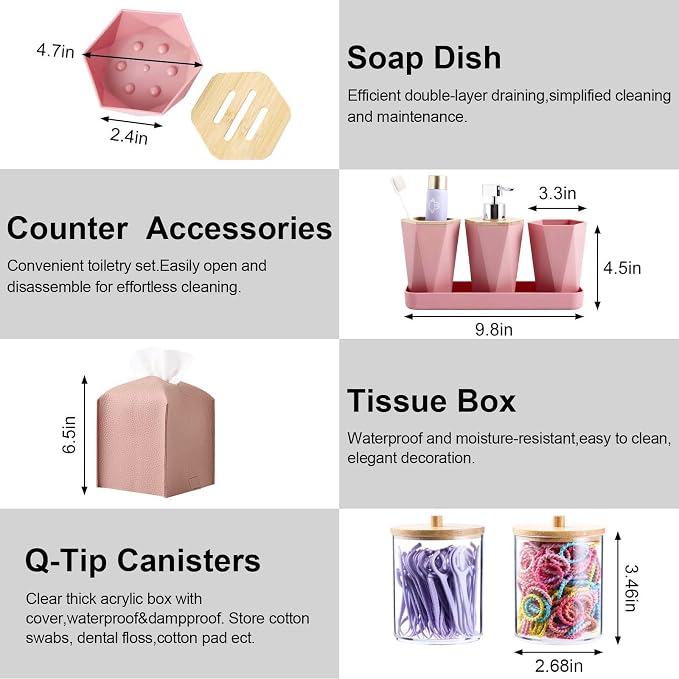 Pink Bathroom Accessories Set, 10 Pieces Bamboo Bathroom Set with Trash Can, Tray, Soap Dispenser, Soap Dish, Toothbrush Holder, Toothbrush Cup, Tissue Holder, Toilet Brush and Qtip Holders