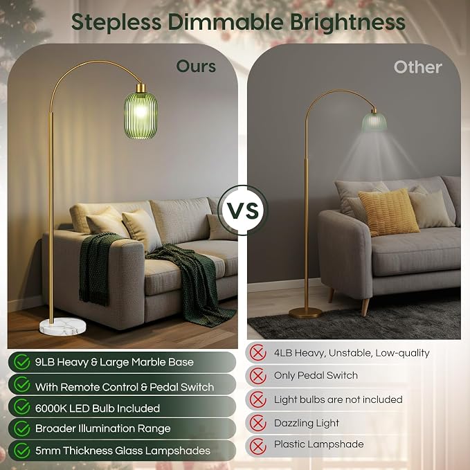 COTTHOS Floor Lamp for Living Room, Modern Gold Lamp with Ribbed Glass Lampshade Marble Base, 68” Glass Tall Lamp with Remote Control and Pedal Switch for Bedroom (6000K LED Bulb Included)