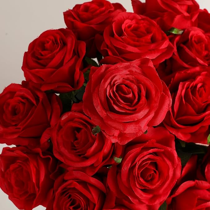 Kisflower 60 Pcs Red Roses Artificial Flowers Bulk, Silk Roses with Stems Real Look Artificial Red Roses for Decoration DIY Wedding Bouquet Bridal Shower Party Home Table Centerpieces Decor (Red)