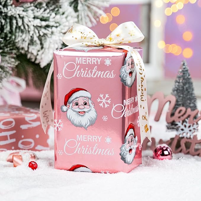 MAYPLUSS Pink Christmas Wrapping Paper Roll - 17IN X 33FT - Santa Claus Gift Wrapping Paper Featuring Merry Christmas Snowflake Reversible HO for Kids, Holiday, New Year