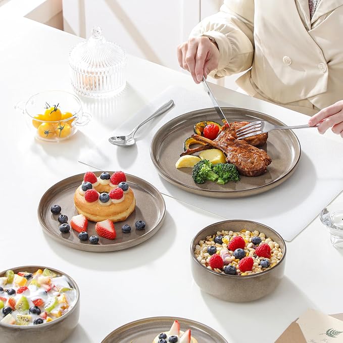 vancasso PLAYA Plates and Bowls Sets, 18 Pieces Dark Brown Dinnerware Sets for Kitchen, Reactive Glaze Dishes Set for 6, Dishwasher and Microwave Safe