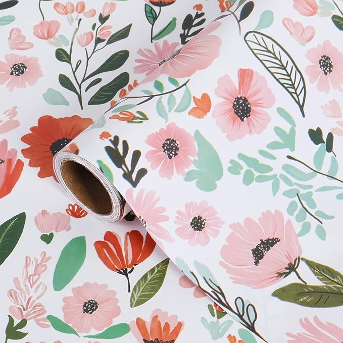 RayofSun Pink Floral Wrapping Paper Roll 17 in x 16.5 ft Mini Roll All Occasion Wildflower Flower Green leaves Gift Wrap Paper for Wedding Birthday Bridal Shower Party Wrapping Supplies