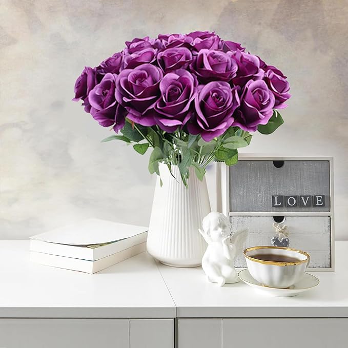 Artificial Rose Flower Artificial Flowers Flower with Long Stem Silk Roses Bouquet for Wedding Bridal Shower Party Home Decoration (Plum, 12 Pcs)