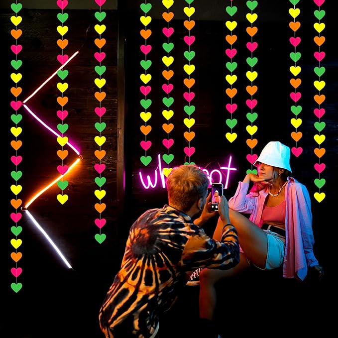 UV Neon Party Decorations Heart-Garland - 52ft Glow in The Dark Supplies,80s Hanging Streamers Banner,Girl Romantic Wedding Anniversary Baby Bridal Shower Engagement Decor Panduola
