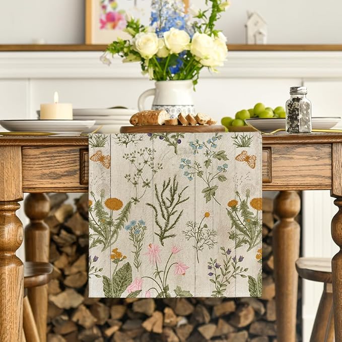 Artoid Mode Wood Wild Flowers Floral Spring Table Runner, Seasonal Summer Kitchen Dining Table Decoration for Home Party Decor 13x108 Inch