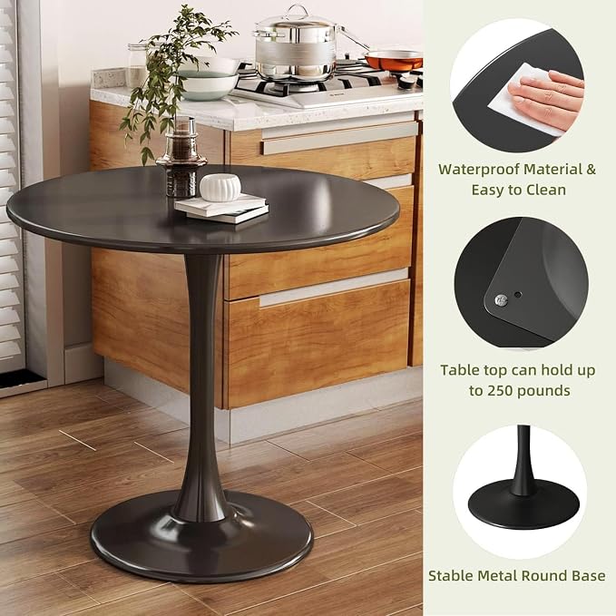 24" Tulip Table for 1-2 Persons Modern Round Dining Room Table, Mid-Century Modern Black Small Kitchen Table with MDF Wooden Top, Leisure Coffee Table for Living Room, Dining Room, Office