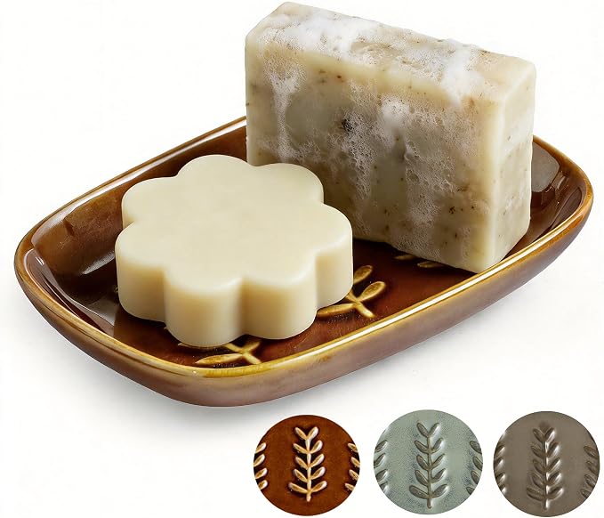 Miamolo Soap Dish for Shower, Ceramic Soap Holder Soap Dishes for Large Bar Soap Sponge, Decorative Soap Saver Tray for Bathroom Kitchen Sink Bathtub, Pro-Environment, Extend Soap Life, Dark Brown