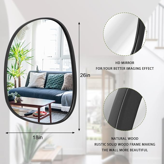 Asymmetrical Decorative Black Mirror for Wall Large Modern Oval Wooden Framed Wall Mirror Unique Shape Wall Mounted Vanity Artistic Wavy Mirror for Living Room Bedroom Bathroom Entryway 26"x18"
