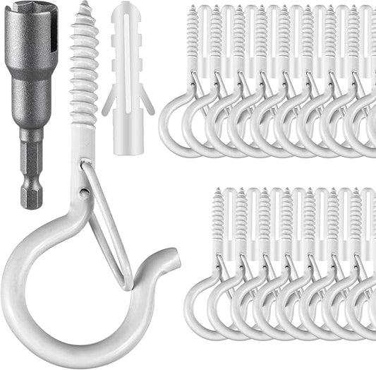 100 Pcs Screw-in Hooks for Outdoor String Lights, Q Hangers Hooks for Outside, Swivel Hanging Basket Patio Hook with Safe Buckle, Screw in Plant Eye Hook for Wall Ceiling with 1 Wing Nut Driver, White