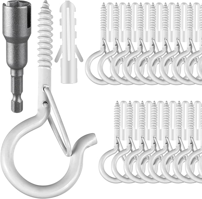 FSAH 24 PCS Q-Hanger Hooks, Screw Hooks for Outdoor String Lights, Safety Buckle Design Cup Eye Hook for Hanging Christmas Lights, Plants, Mounted on Wall Ceiling, Include 1 Wing Nut Driver, White