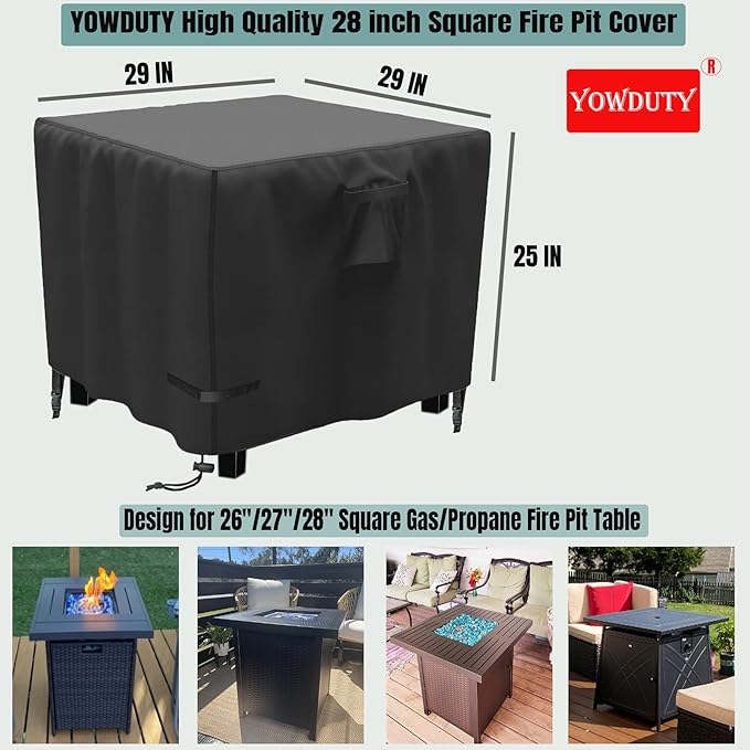 YOWDUTY Propane Fire Pit Cover Square 28 Inch, Waterproof Heavy Duty 600D Gas Fire Pit Table Cover 28x28x25 Inch, Fit 26-28 Inch Firepit Table, All-weather Protection For Patio Fire Table