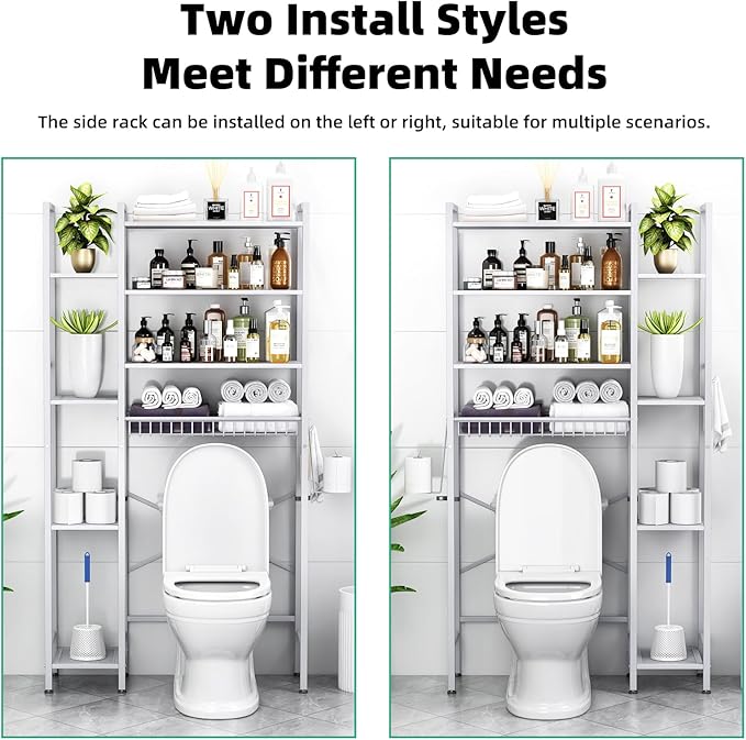 Kalrin 8-Tier Over The Toilet Storage with Side Rack, Over Toilet Storage Rack with Adjustable Shelf & Drain Basket, Freestanding Bathroom Organizer for Balcony, Laundry (Pure White)