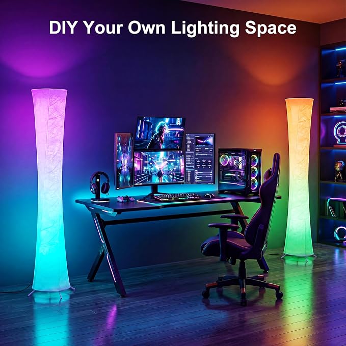 61'' Round Floor Lamp, RGB LED Corner Floor Lamp with Music Sync, 16W+ Colors & 3 Color Temperatures, APP & Remote Control, Modern Standing Lamp for Living Room Bedroom