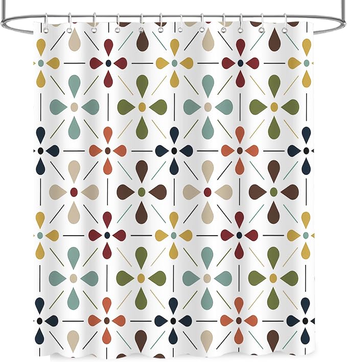 APROPHIC Mid Century Retro Shower Curtain 72x72 Inches, Vintage Geometric Pattern Bathroom Curtain with Hooks, Waterproof Polyester Fabric for Bath Shower, Machine Washable Home Decor for Bath, White