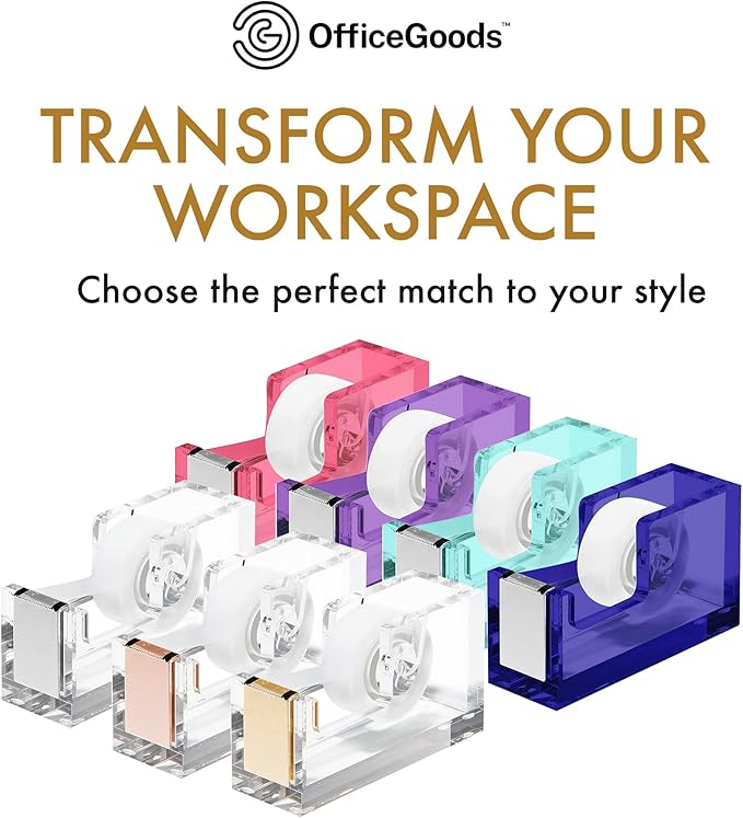 OfficeGoods Acrylic Tape Dispenser – Modern Desk Organizer for Office Supplies – Heavy Duty Refillable Tape Holder for Home and School Crafting – Stylish Desktop Accessory for Gift Wrapping, Gold