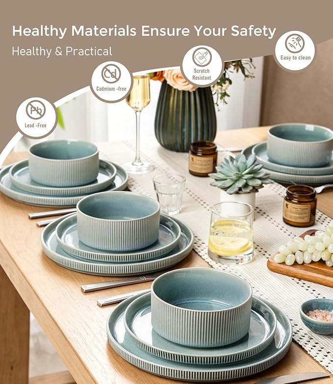 GBHOME 24-Piece Stoneware Dinnerware Set for 8 – Ribbed Ceramic Plates and Bowls, Scratch-Resistant, Microwave & Dishwasher Safe, Reactive Glaze, Malachite Green