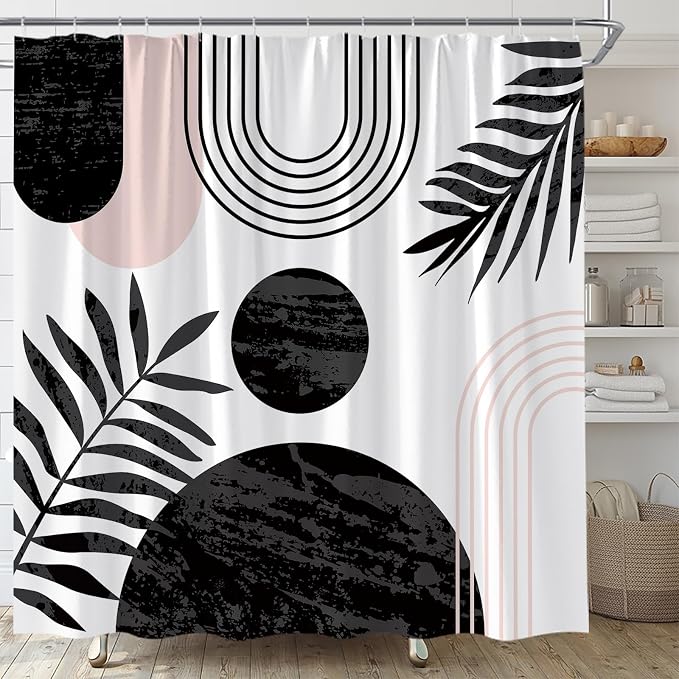 Mid Century Modern Shower Curtain Boho Black Abstract Retro Aesthetic Fabric for Bathroom Decor Bathtub with Hooks (70" WX74.8 H)