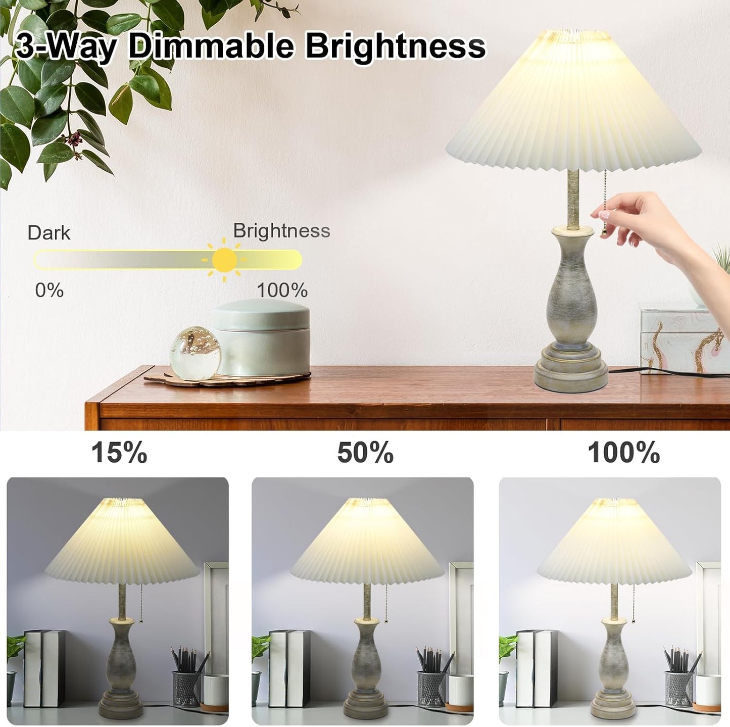 Skiennix Farmhouse Table Lamp - 3-Way Dimmable Nightstand Lamp with Fabric Shade | Modern Design for Living Room & Bedroom