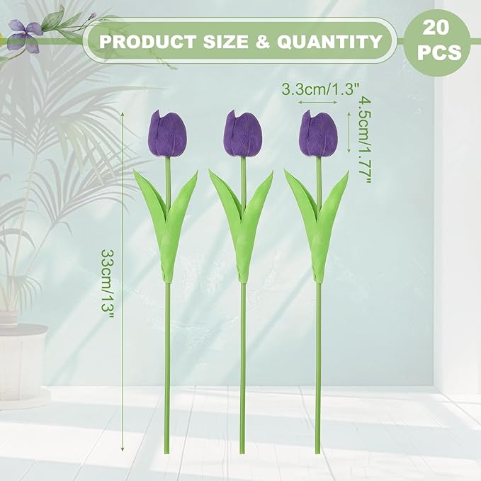 uxcell 20pcs Tulips Artificial Flowers, Faux Flowers Silk Fake Tulip Stems Real Touch for Wedding Bouquet Centerpiece Table Party Decoration(Dark Purple)