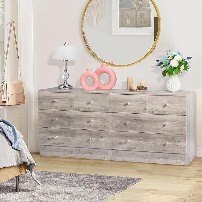 Karl home Grey 4 Drawer Dresser for Bedroom, Modern Wood Dresser Chest of Drawers, Rustic Bedroom Dressers Nightstand, Anti-Tipping Device, Rose Gold Metal Handle, Living Room, Hallway, Office