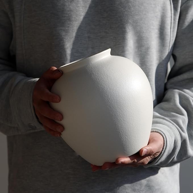 Large Matte White Ceramic Flower vase, Modern Centerpiece Table Decorations,Round Shape Rustic Ceramic vases for Home Decor Dining Room Decorative Jar (White, 0617)