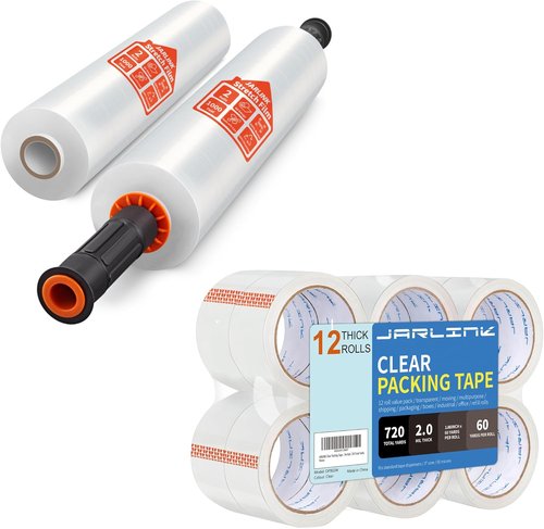 JARLINK Heavy Duty Stretch Film Bundle - 12 Clear Packing Tapes, 2.0mil Thick, 1.88" Wide, 720 Yards Total