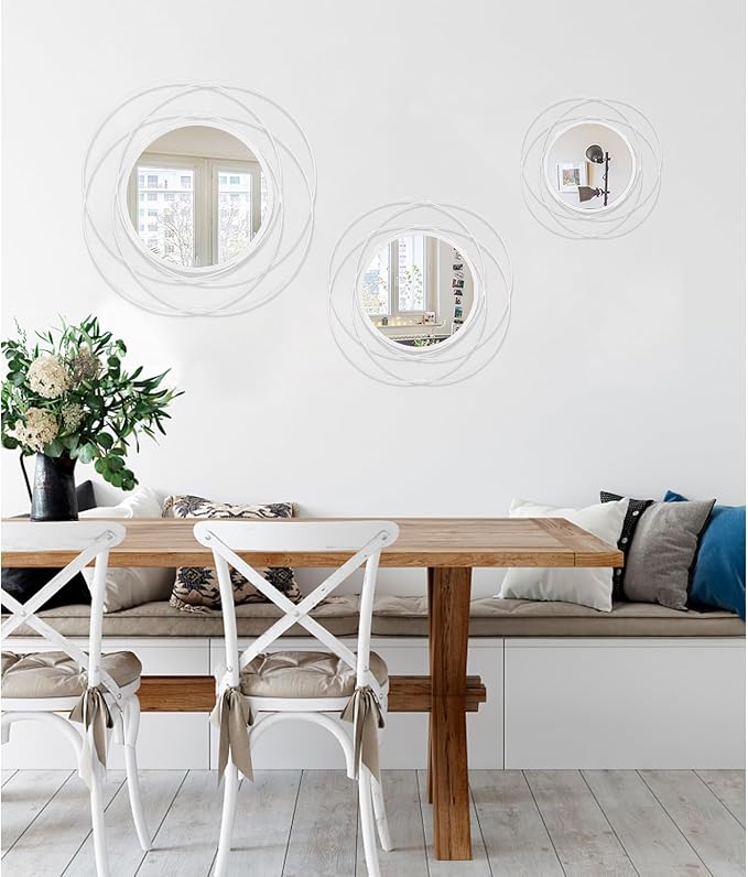 Mirrors Wall Decor Iron Frame Round Art Wall Mirrors Home Decoration Hanging Mirrors for Living Room Bedroom Bathroom Entryway White 12” x 12”